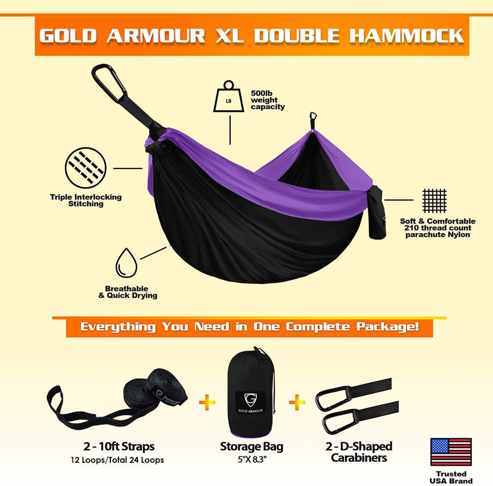 Gold Armour Camping Hammock - XL Double Hammock Portable Hammock Camping Acce...