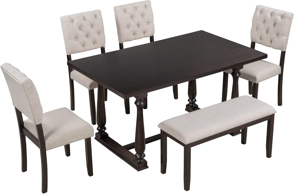 Merax 6 Pieces Dining Table Chair Set with Bench, Rectangle 4 Upholstered Cha...