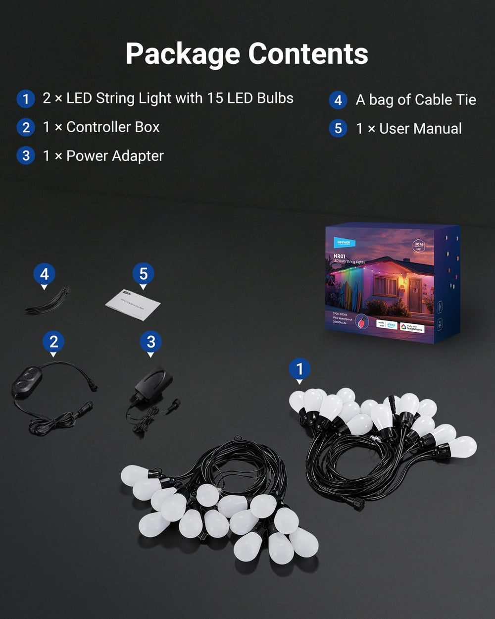 NEEWER 96ft Outdoor String Lights, App Control Smart AI RGB IC W Hanging Outs...