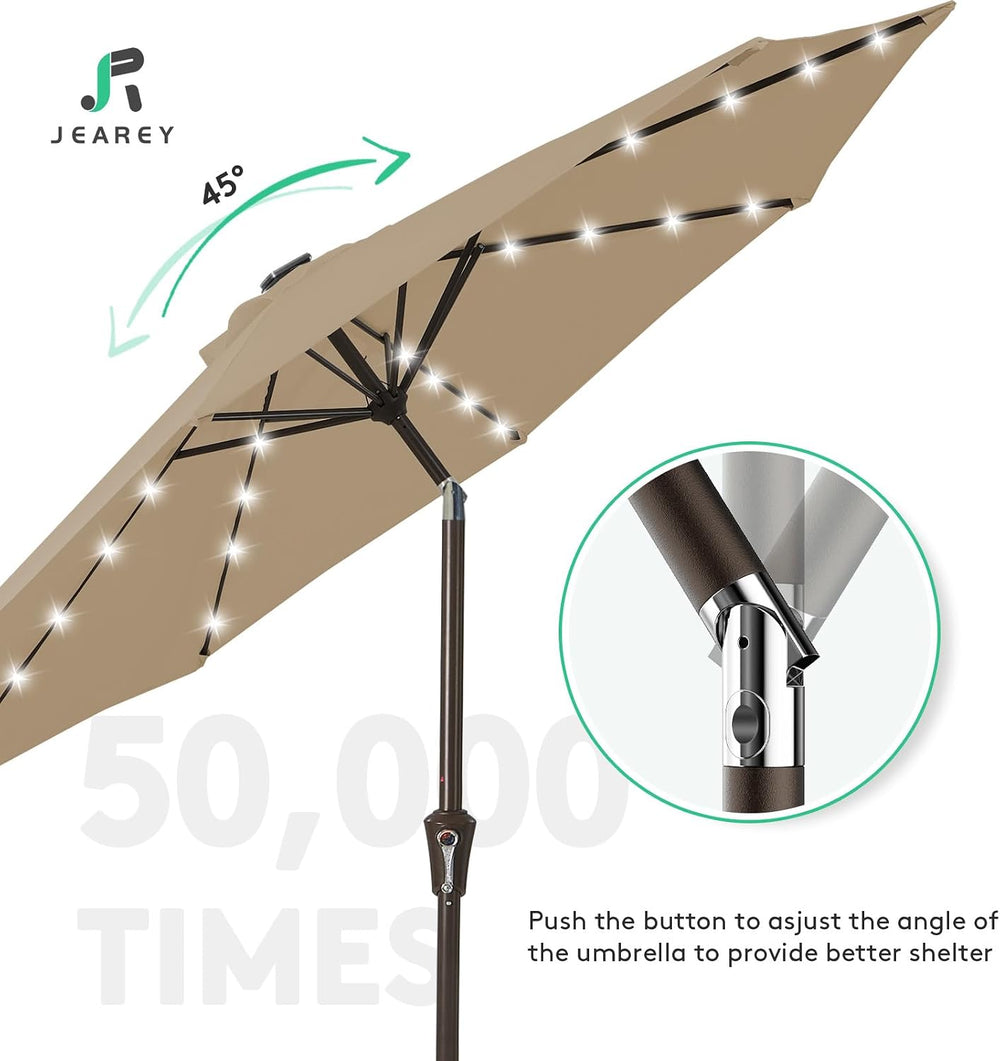 JEAREY 9' Patio Umbrella with Solar Lights, LED Umbrella, Beige