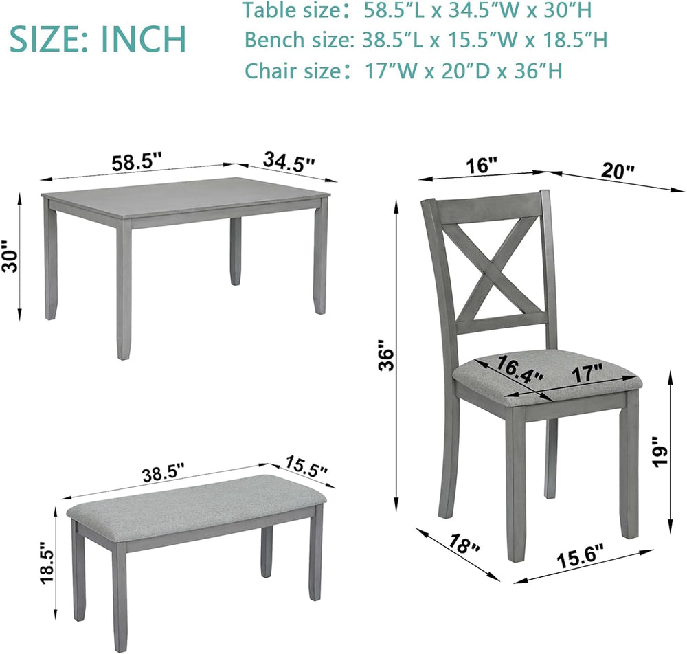 LUMISOL 6-Piece Dining Table Set with Bench, Farmhouse Solid Wood Kitchen Tab...
