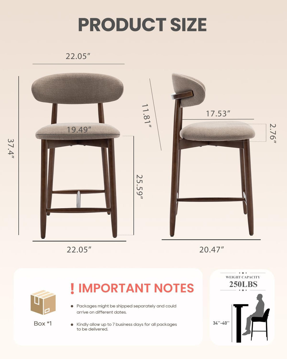 Bar Stools Set of 1, 25.6″ Counter Height Bar Stools with Wood Legs