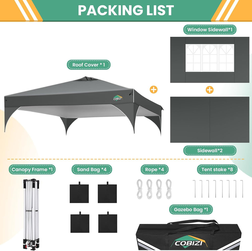 COBIZI 10x10 Pop Up Canopy with 3 Sidewalls, 1-Person Setup, Waterproof