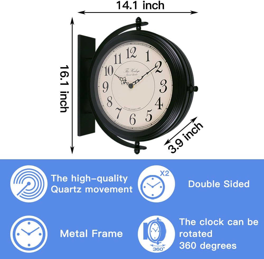 BESTIME 66264B 16-Inch Double Sided Metal Wall Clock with Black Frame.Sturdy ...