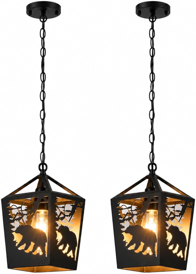 Farmhouse Rustic Bear Pendant Light, 2 Pack Metal Cage