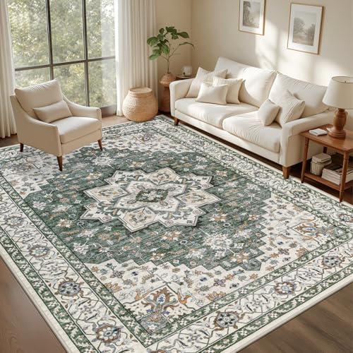 10x14 Area Rugs Living Room: Washable Rug for Bedroom Green Ivory