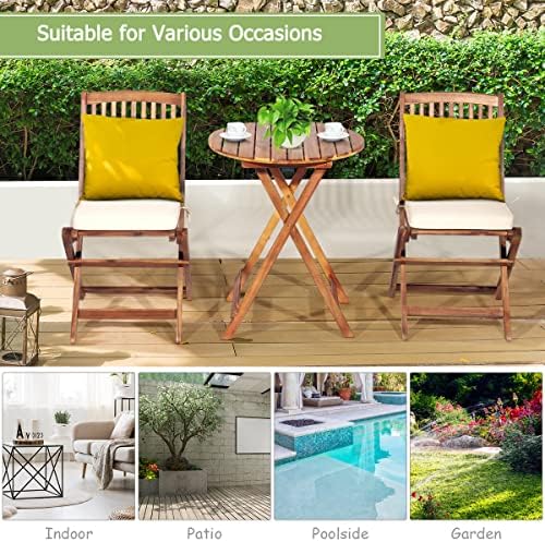 FANTASK 3 Pieces Folding Acacia Wood Bistro Set, Patio Furniture Set with Cus...