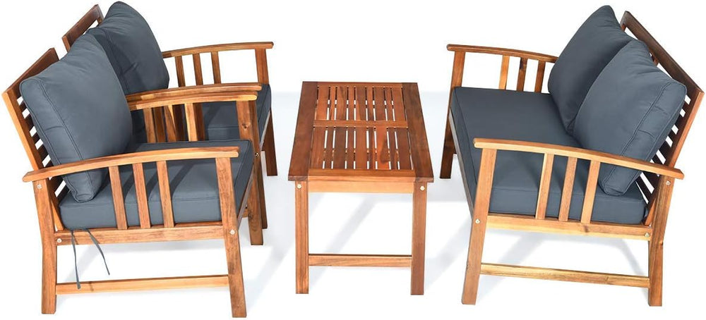 Tangkula 4 Pieces Acacia Wood Patio Furniture Set, Outdoor Seating Chat Set w...