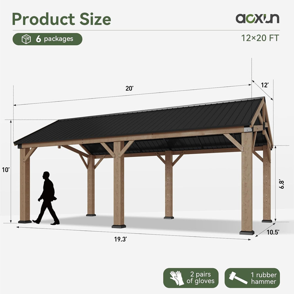 Aoxun 12' x 20' Wood Gazebo with Galvanized Steel Gable Roof, Gray