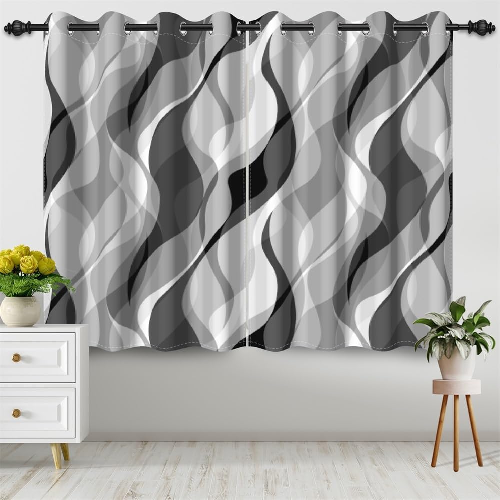 Modern Abstract Grey Striped Blackout Curtains Black and Grey Ombre Window Cu...
