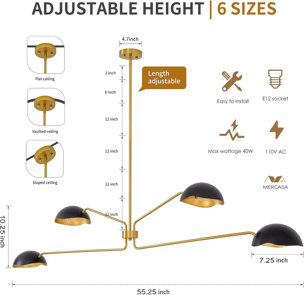 Modern Chandelier Large 55" Black and Gold Sputnik Chandeliers 4 Lights ...