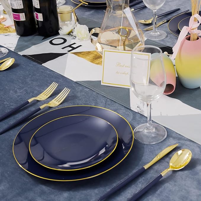 Liacere 150PCS Blue Plastic Plates - Gold Plastic Silverware with Blue Handle...