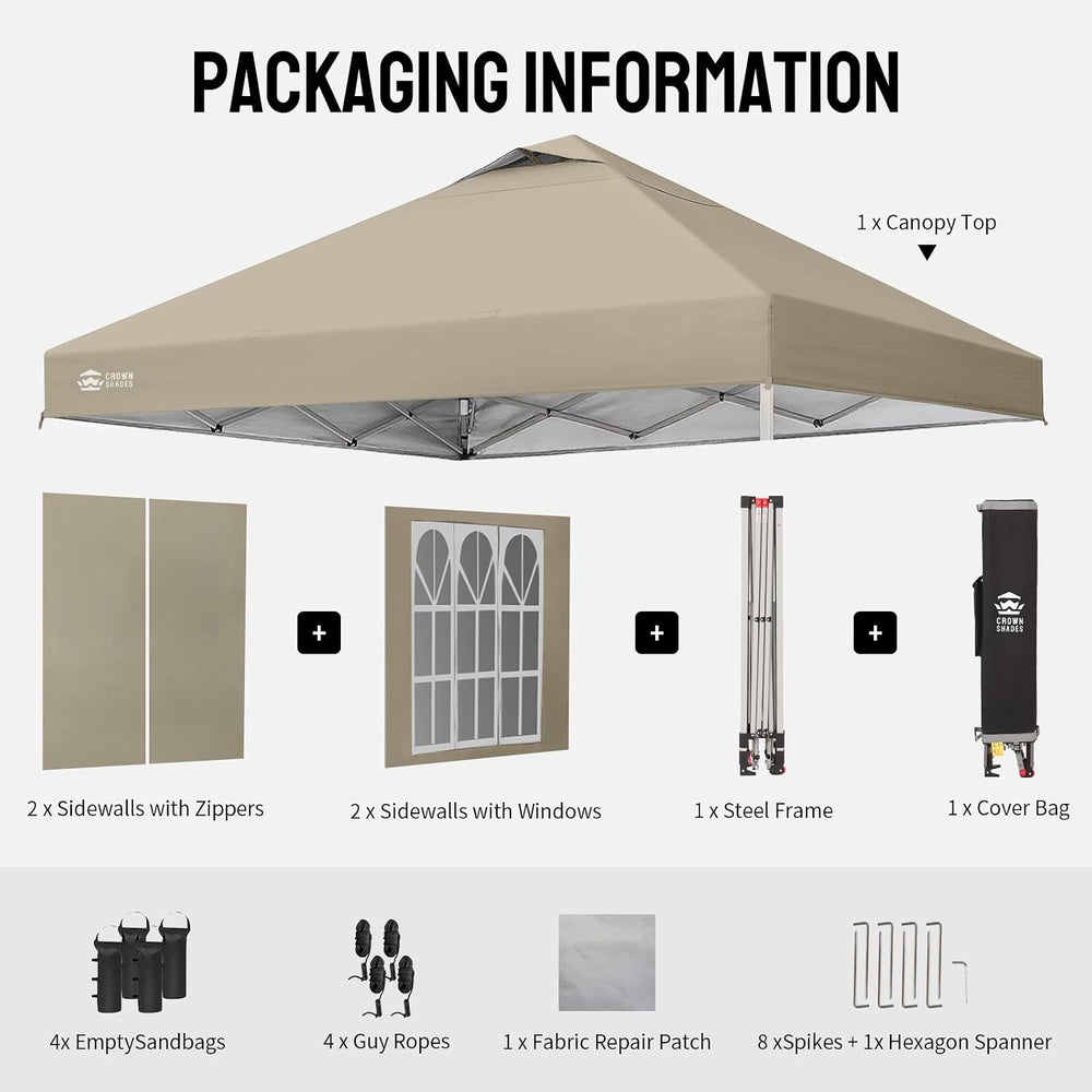 CROWN SHADES 10X10 Pop Up Canopy Tent with Sidewalls, One-Push Setup, Khaki