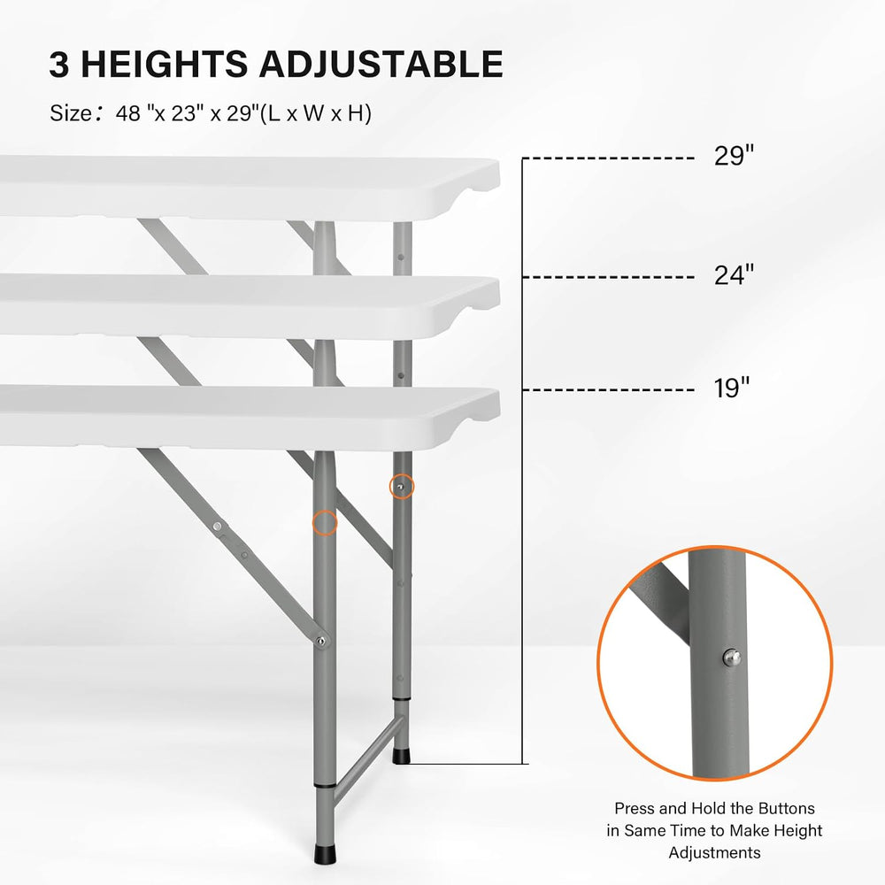 VINGLI 4 FT Plastic Folding Camping Table,3-Level Adjustable Height, Portable...