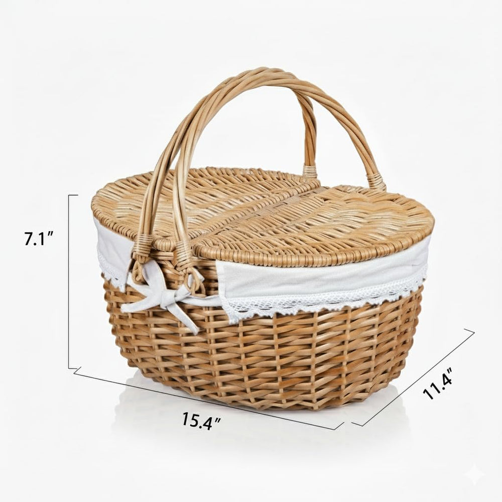 Wicker Picnic Basket with Lid and Handle 15" Sturdy Woven Body with Wash...
