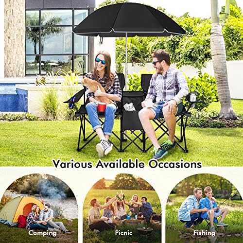 Goplus Double Camping Chairs with Umbrella, Cooler for Beach Patio