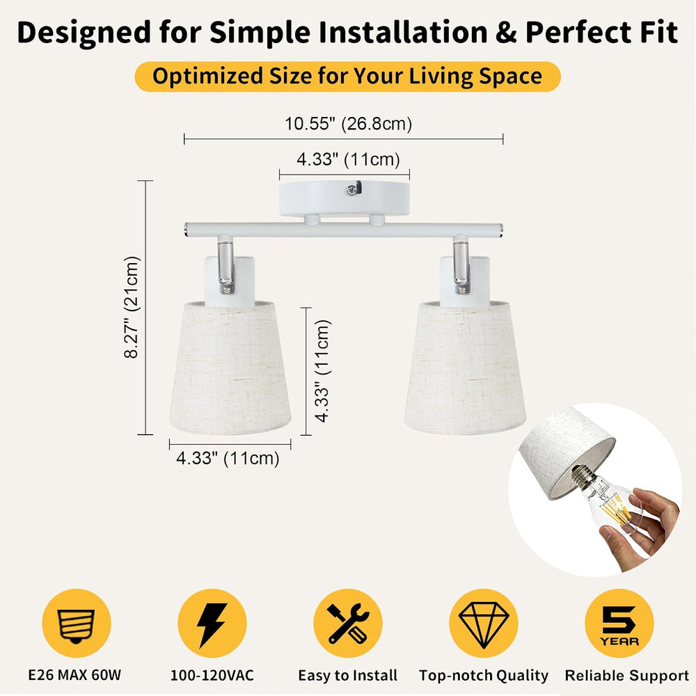 HiBay 2-Light White Track Lighting Ceiling, Linen Shade Spotlight, E26
