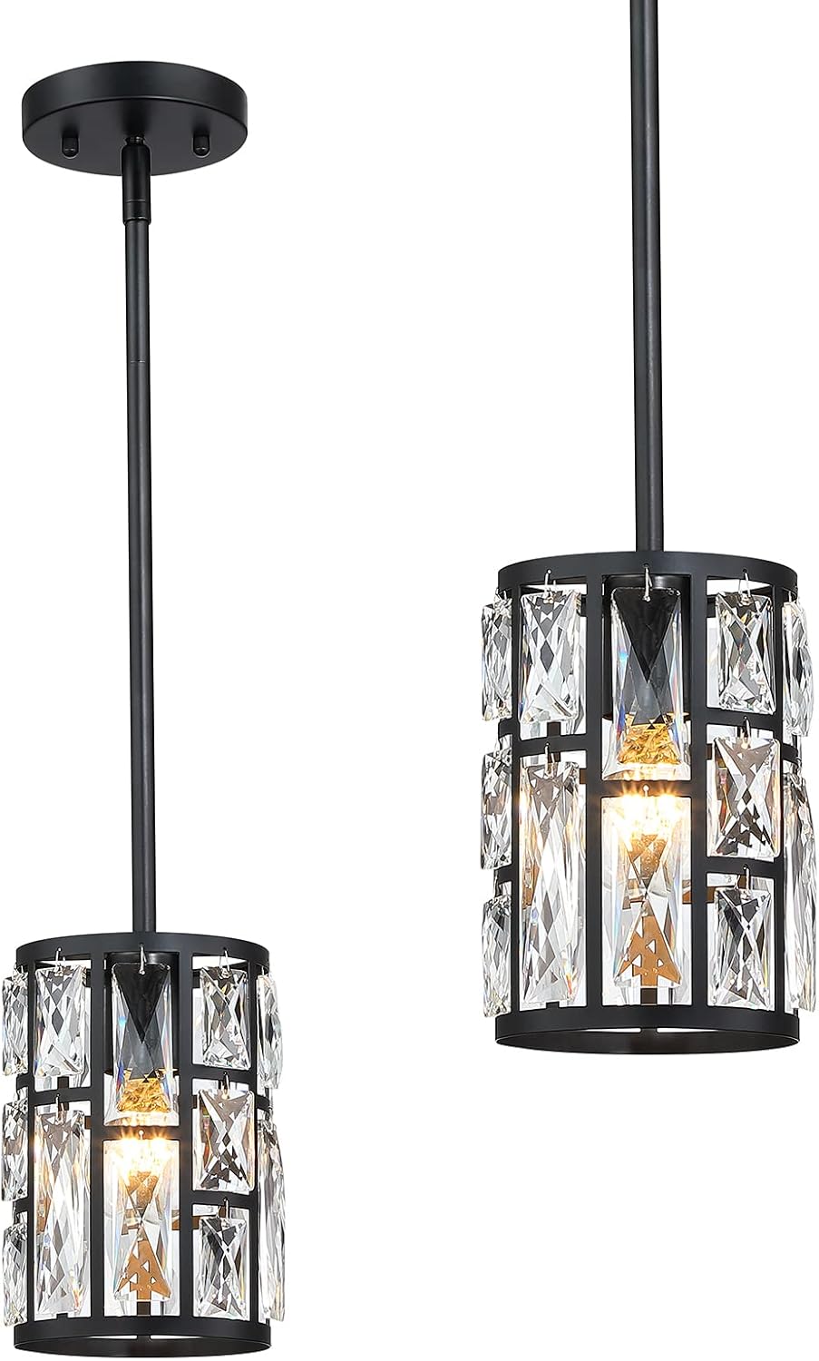 MEXO Modern Crystal Pendant Light Fixture 2-Pack Matte Black Finish Hanging L...