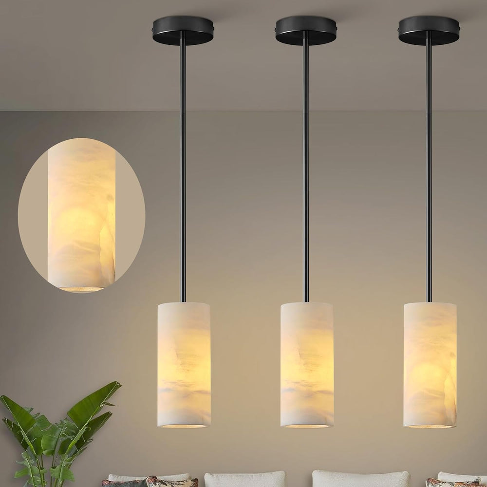 Alabaster Pendant Lights Kitchen Island, Black Hand Carved Alabaster Cylinder...