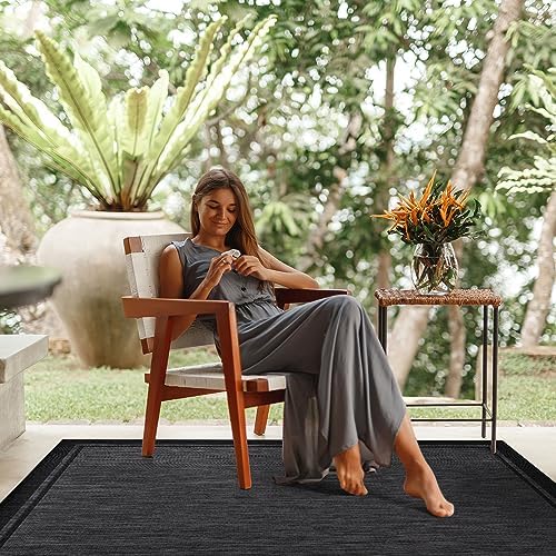 CAMILSON Indoor Outdoor Rug, 8x10 Bordered Dark Gray Black Modern Area Rugs f...