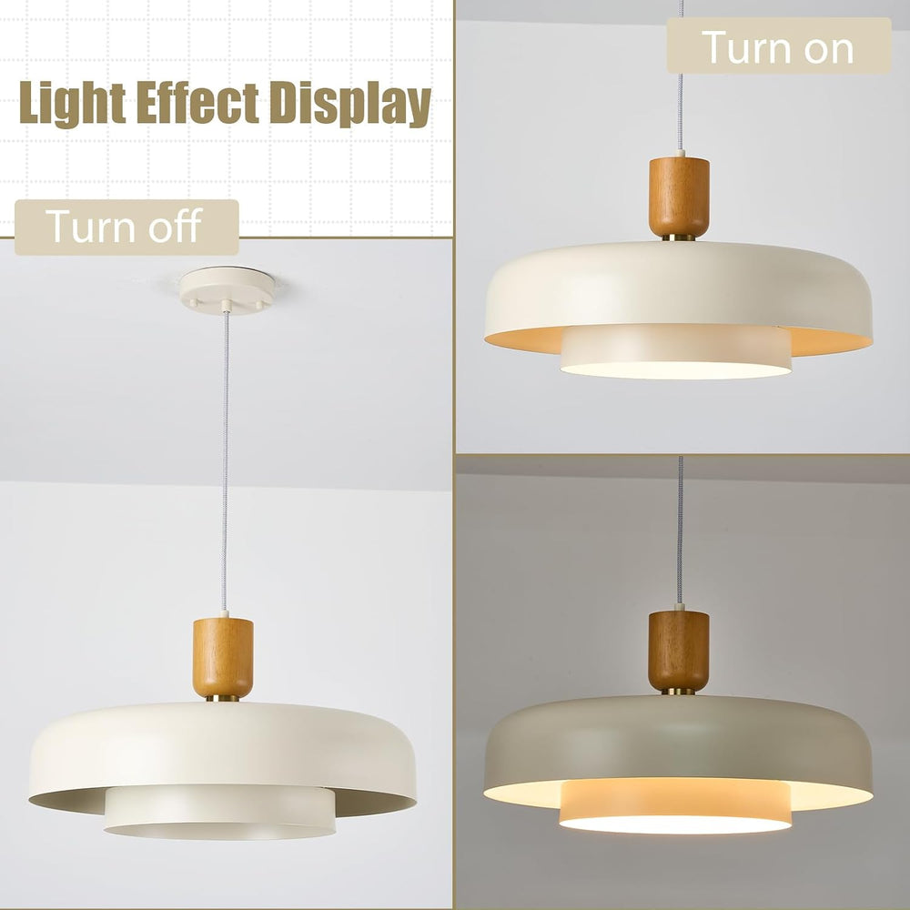 Mid Century Large Pendant Light 19.68 inch, Soft Cream, Natural Wood Cap