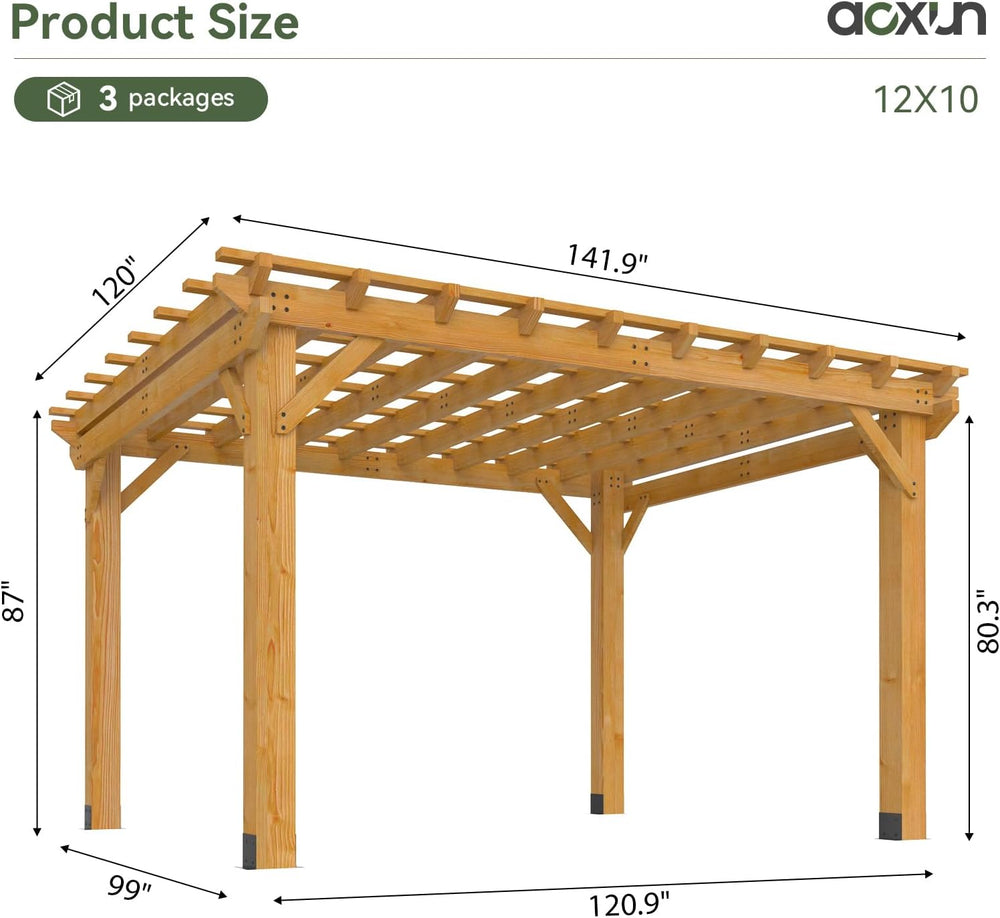 Aoxun Cedar Wood Pergola 10x12, Multi-Level Trellis Roof,100MPH Wind Rating