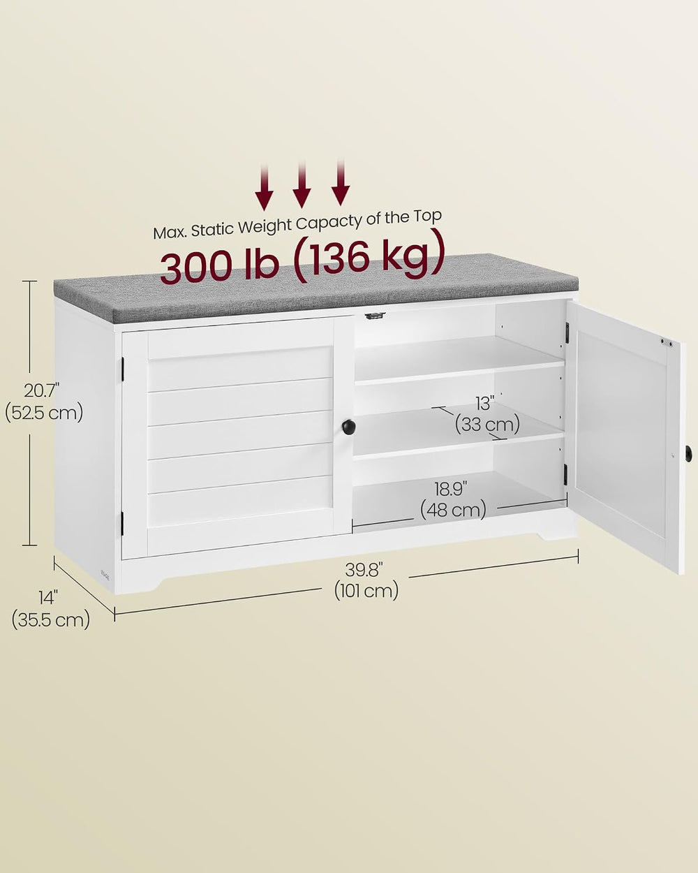 VASAGLE 3-Tier Shoe Storage Bench with Cushion, 14 x 39.8 x 20.7 Inches