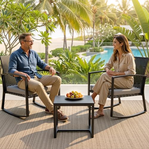 Rocking Patio Bistro Sets - All-Weather - 3 Piece Rattan Conversation Furnitu...