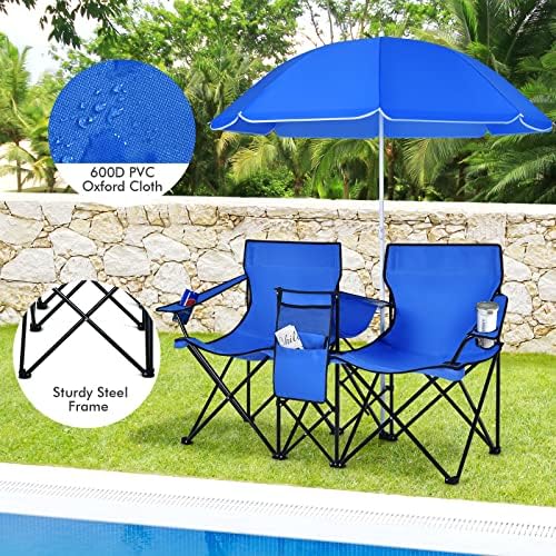 Goplus Double Camping Chair with Umbrella, Folding Loveseat Chairs w/Canopy S...