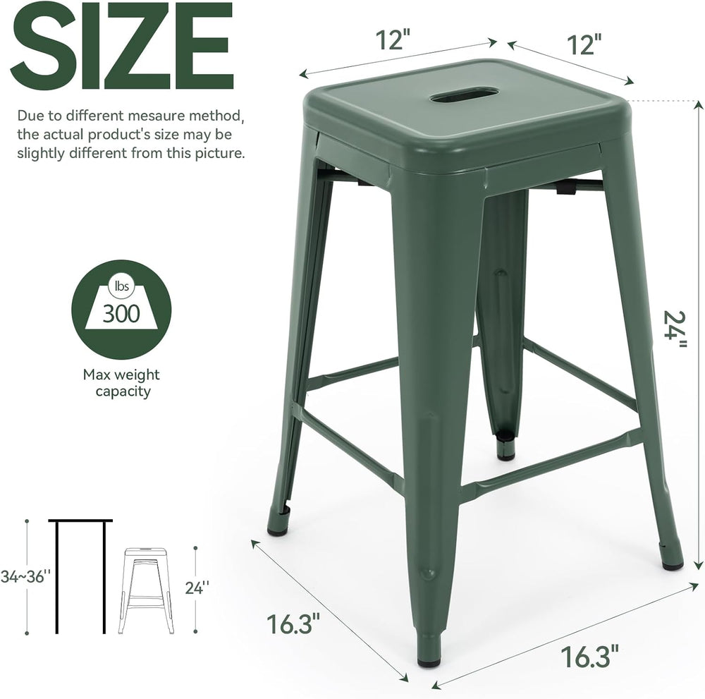 24 Inch Metal Bar Stools Set of 2, Stackable for Indoor Outdoor, Dark Green