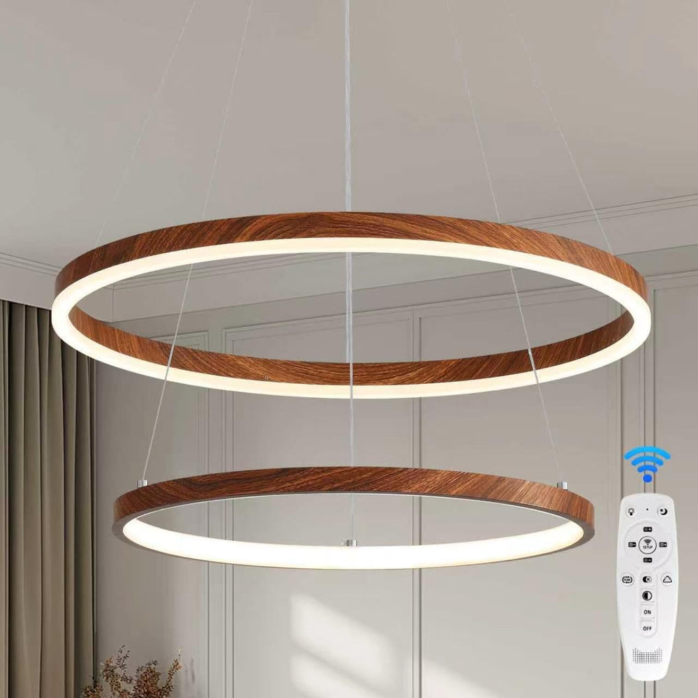 GlowHub Modern LED Chandelier for Dining Room 2 Ring Wood Grain Hanging Light...