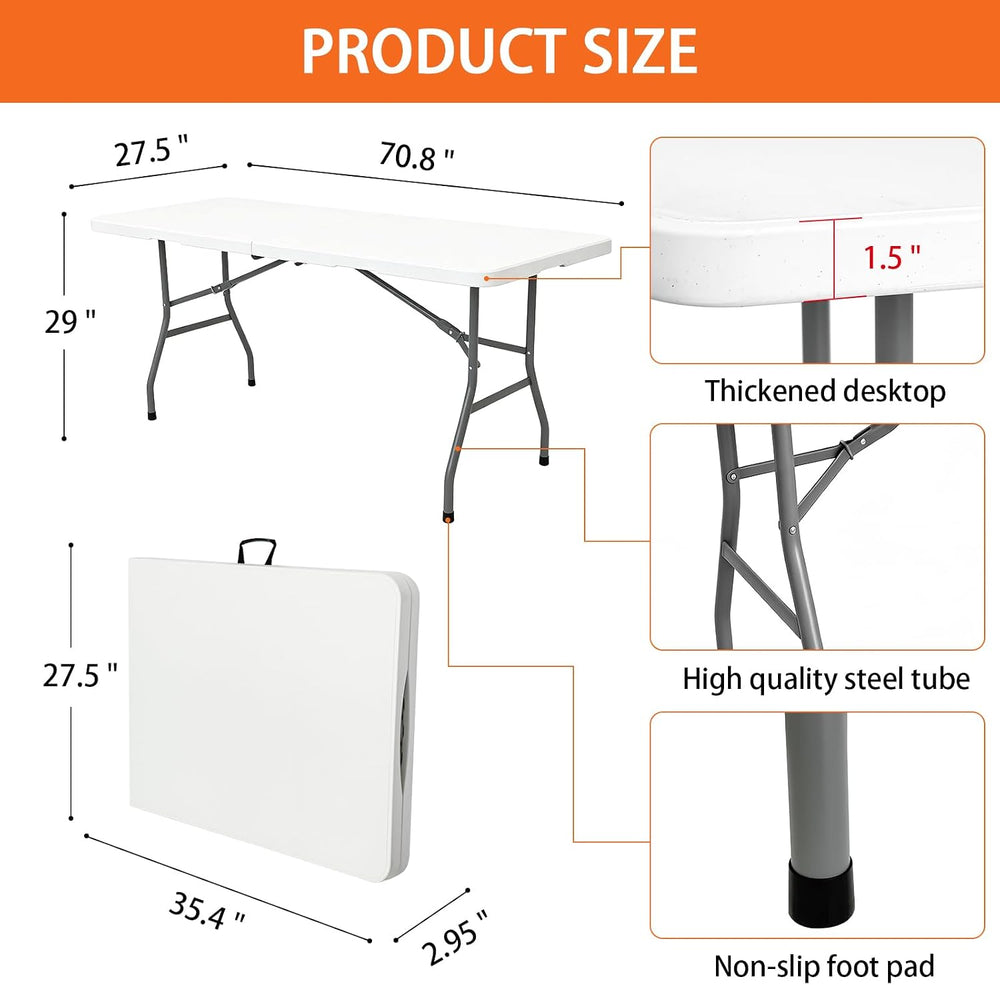 Folding Table 6ft, Heavy Duty Portable 6 Foot Foldable Table Plastic Large Fo...