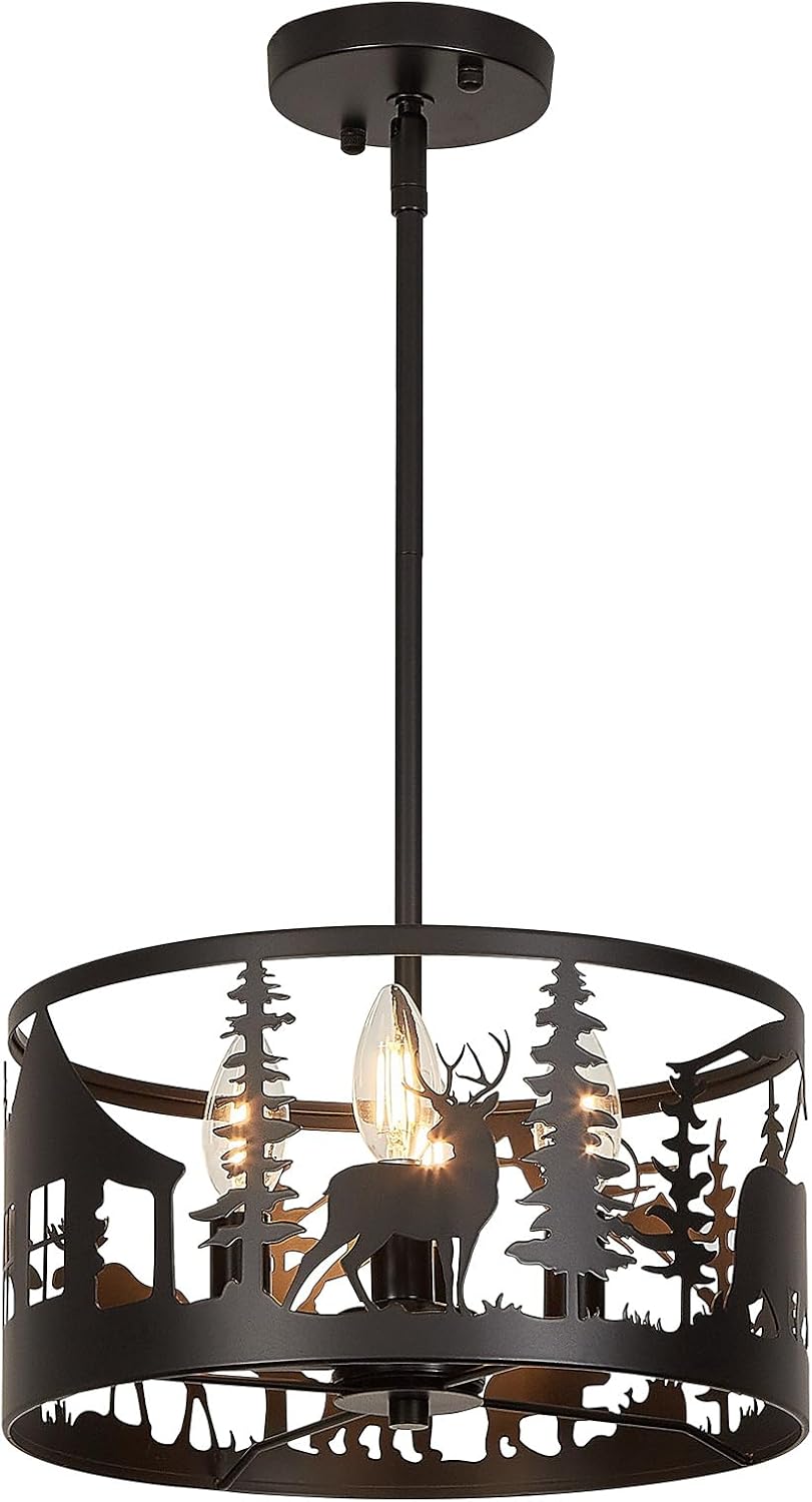 Rustic Deer Bear Cabin Chandelier, 4-Light Farmhouse Pendant Light