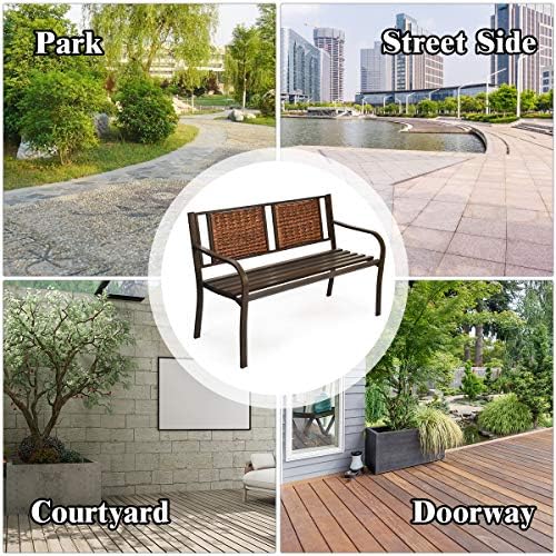 S AFSTAR Outdoor Garden Bench, Brown, Iron, Metal, Polyethylene, Rattan, 50.5...