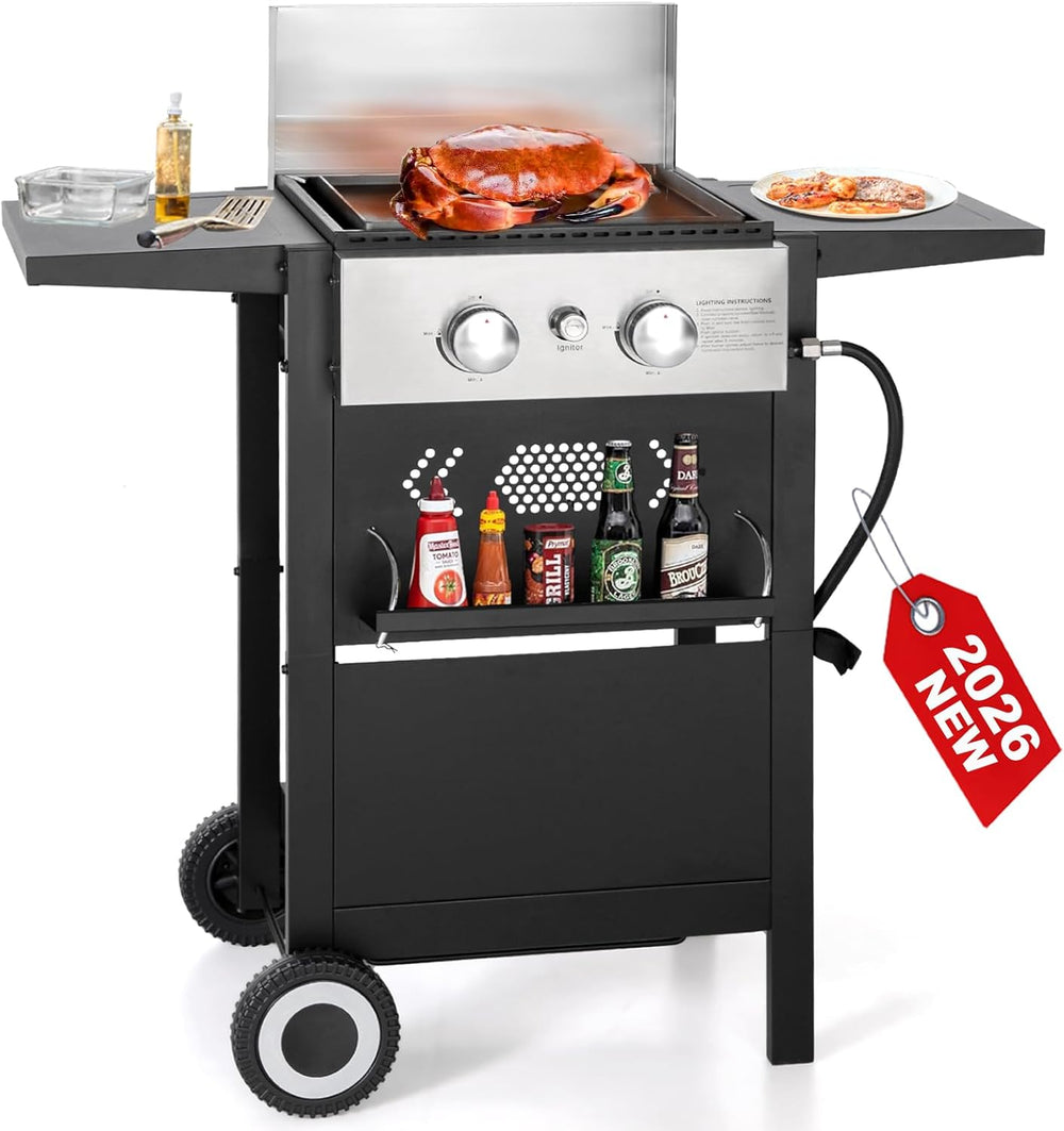 2 in 1 Griddle Grill Combo Small Propane Grill for Outdoor BBQ