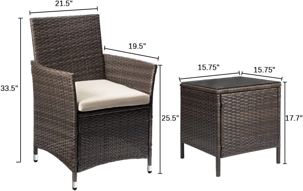 Devoko 3 Piece Patio Furniture Set Outdoor Wicker Conversation (Brown)