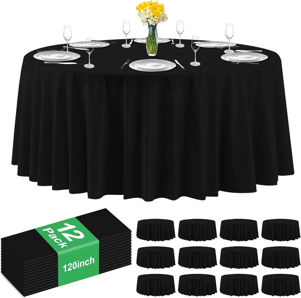 12 Pack Black Plastic Tablecloth 120 Inch Round Disposable Table Cloth, Water...