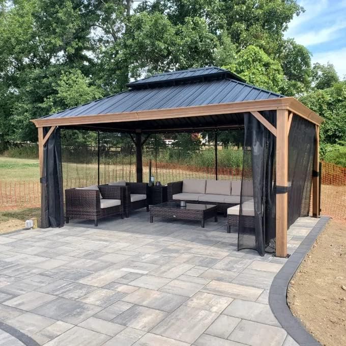 PURPLE LEAF Outdoor Gazebo 12' x 16' with Drainage System, Wood Grain...