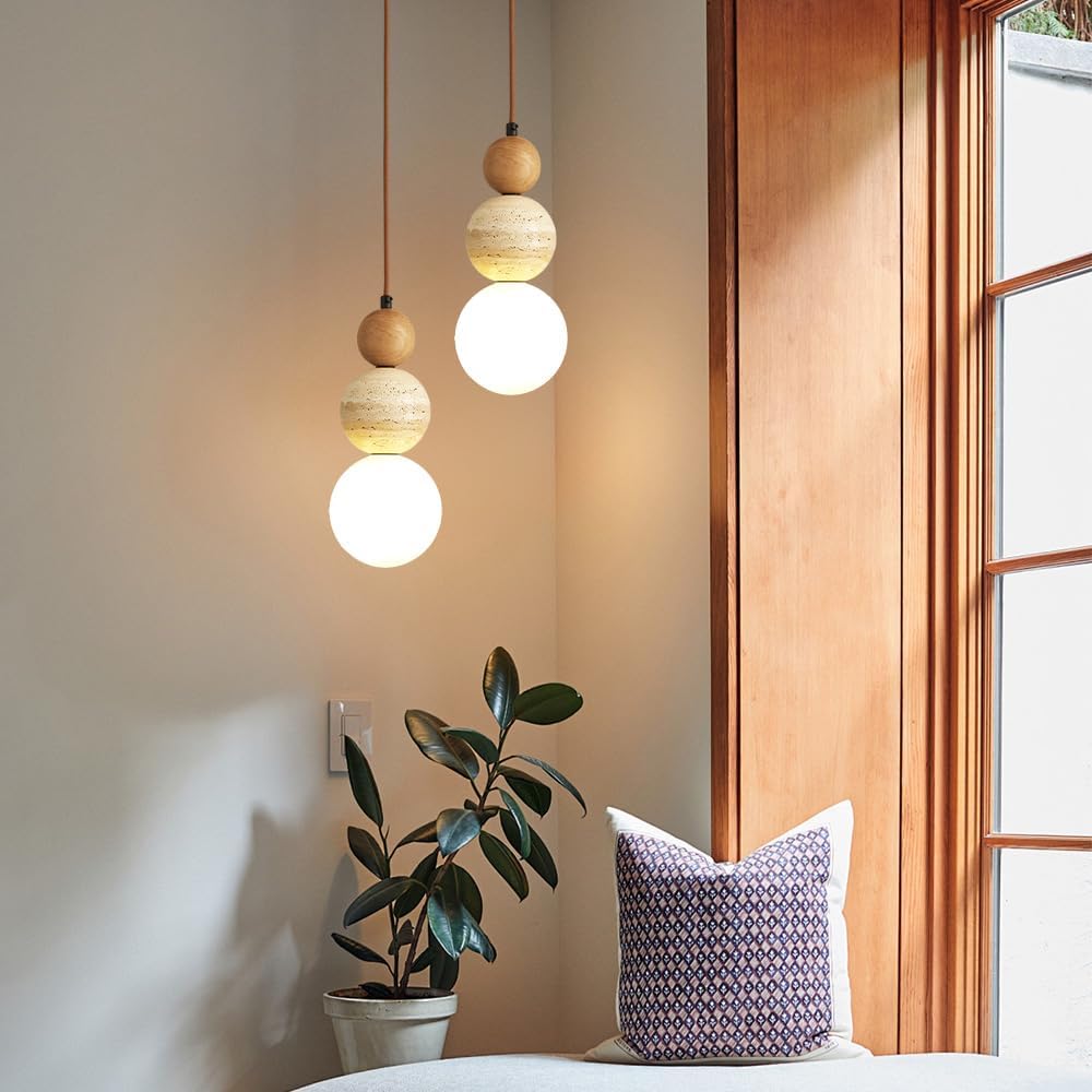 Modern Natural Stone Pendant Light, Frosted White Glass Spherical Hanging Lig...