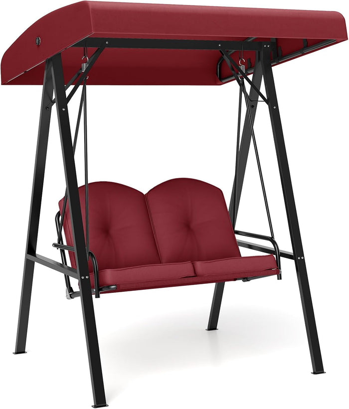 Tangkula 2 Person Porch Swing, Patio Swing with Adjustable Canopy, Heavy-Duty Metal Frame & Soft Cushion, Outdoor Swing for Backyard, Garden (Wine)