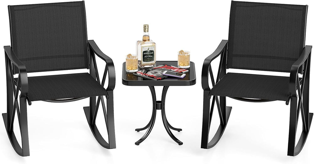HAPPYGRILL 3-Piece Patio Rocking Bistro Set Rocker Chairs Set with Side Table...
