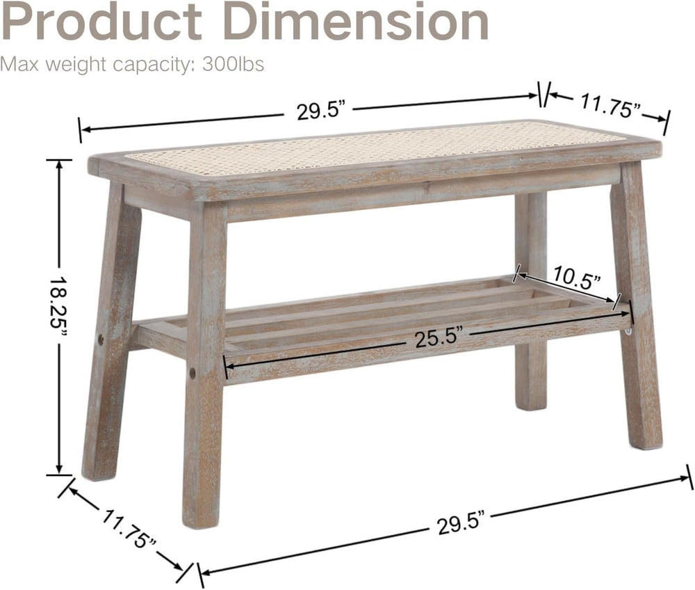 ROCITY 30 Inch Rattan Bench Wooden Entryway Bench with Shoe Rack