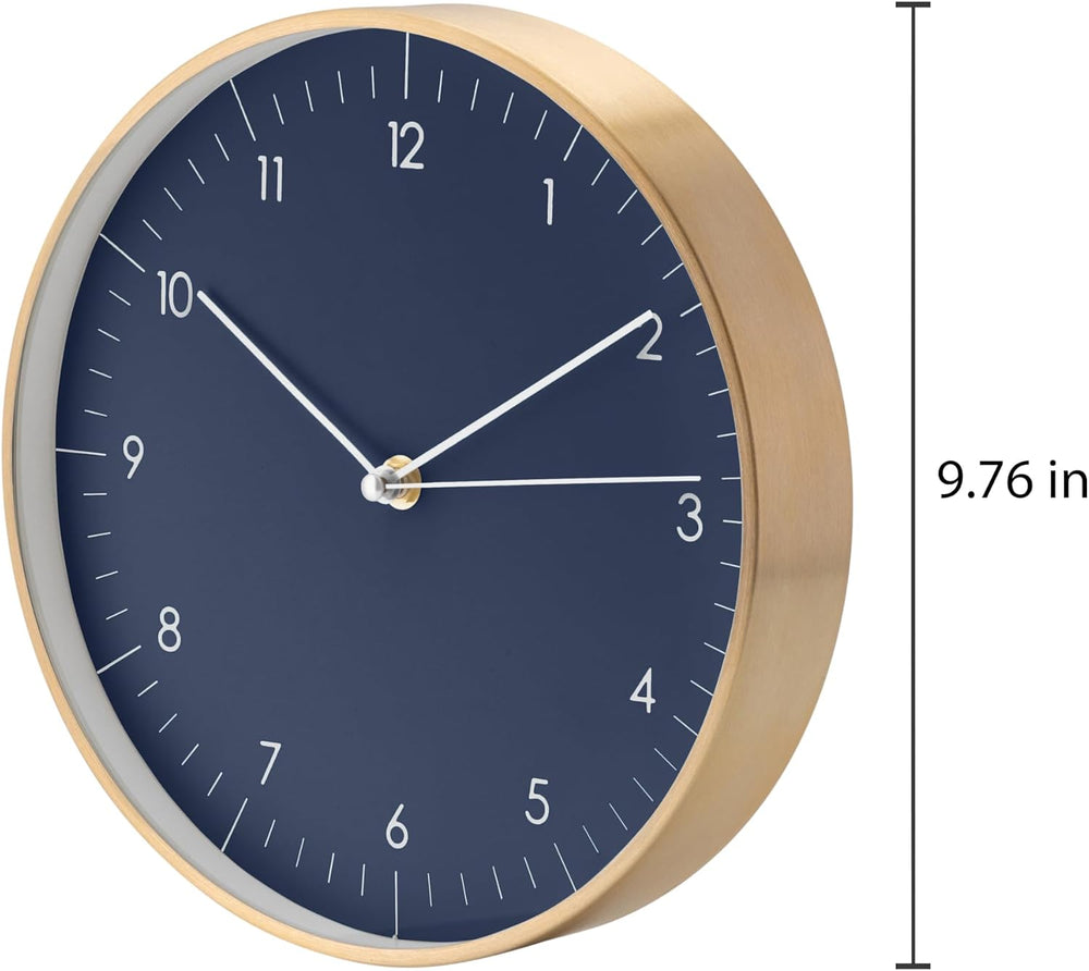 LUUK LIFESTYLE Modern Silent Quartz Wall Clock, 10in, Dark Blue & Gold
