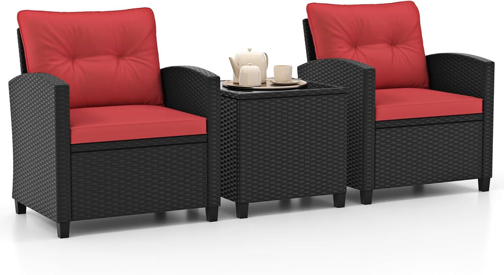 RELAX4LIFE 3-Piece Patio Furniture Set - Wicker Rattan Bistro Sofa Set w/Glas...