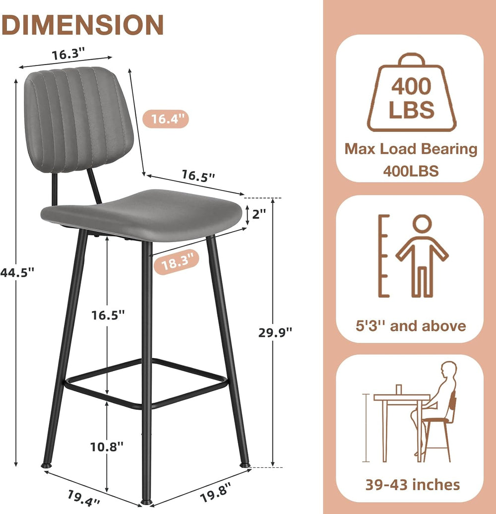 Raynesys 29-Inch Leather Bar Stools Set of 3 with High Backrest, Grey