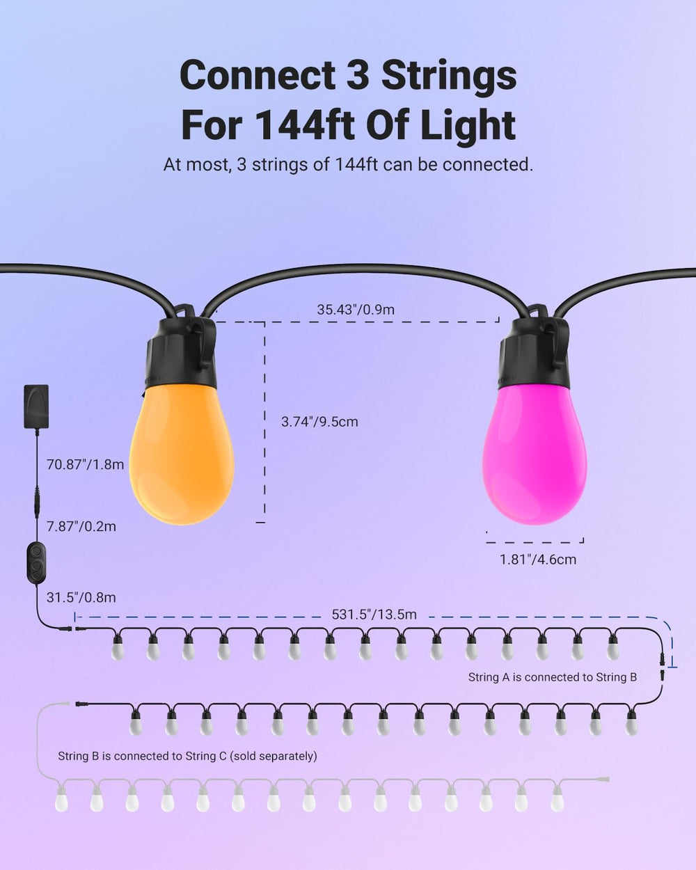 NEEWER 96ft Outdoor String Lights, App Control Smart AI RGB IC W Hanging Outs...