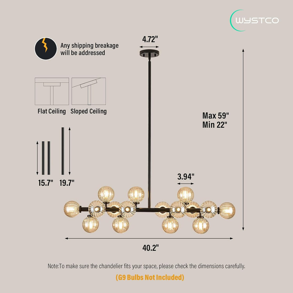 16-Light Glass Globe Sputnik Chandelier, Linear Dining Room Light Fixture Ove...