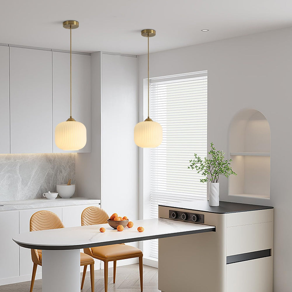 KCO Lighting 2 Pack Brushed Brass 7.9” White Ribbed Glass Pendant Lights