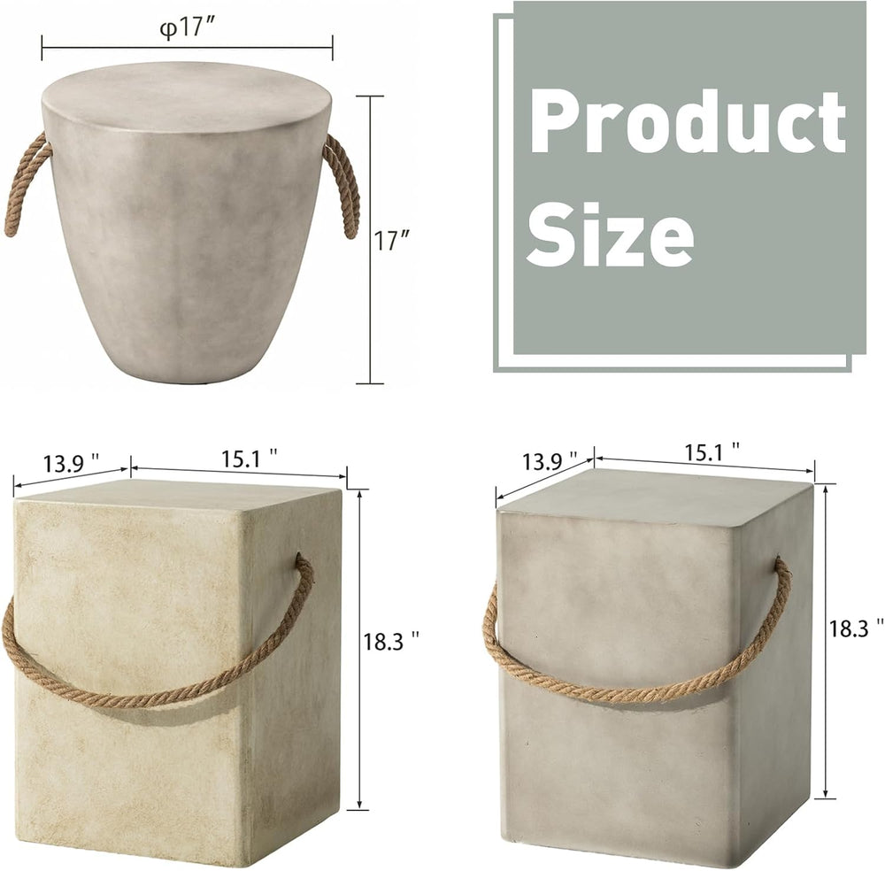 SUNBURY Outdoor Side Table, 18" H Concrete End Table for Patio w Hemp Rope