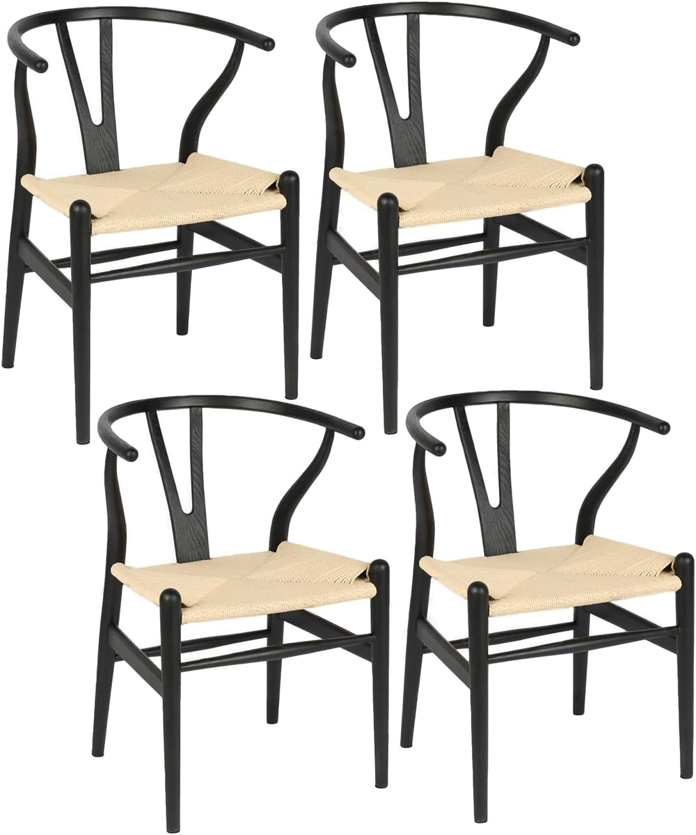 Wishbone Chairs Set of 4, Dining Chairs (Black Frame + Natural Cord)